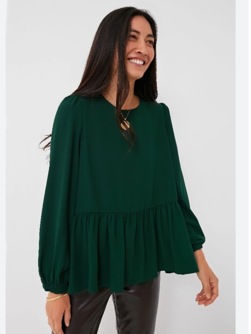 Pomander Place deep forest green peplum blouse top